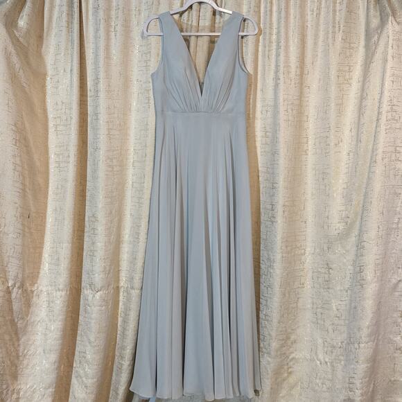 Jenny Yoo Collection Light Blue Chiffon Deep V‎ Illusion Dress Women's Size 8 - Picture 1 of 5